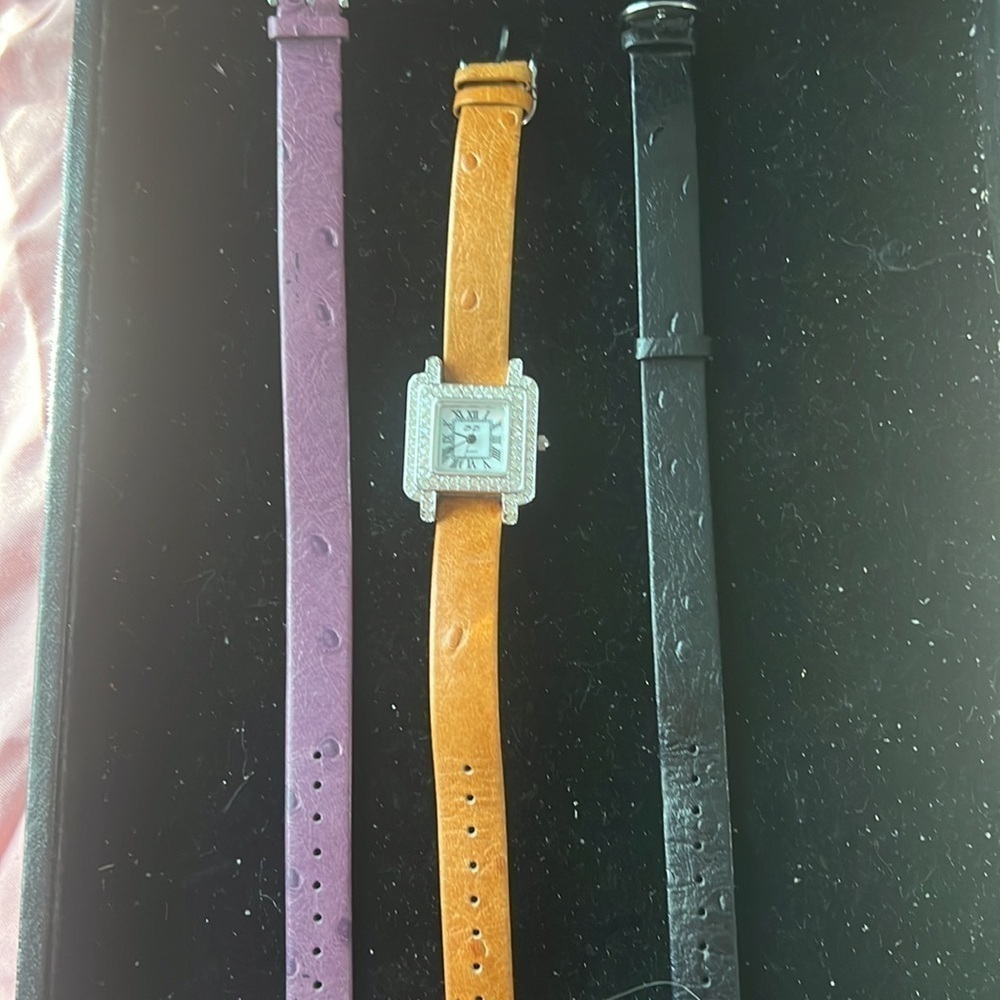 SUZANNE SOMMERS ART DECO DESIGN WATCH WITH CRYSTALS AND 3 LEATHER BANDS